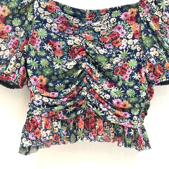 Urban Outfitters Cropped Floral Mesh Sweetheart Top Multi Botanical Print XS - Picture 5 of 10